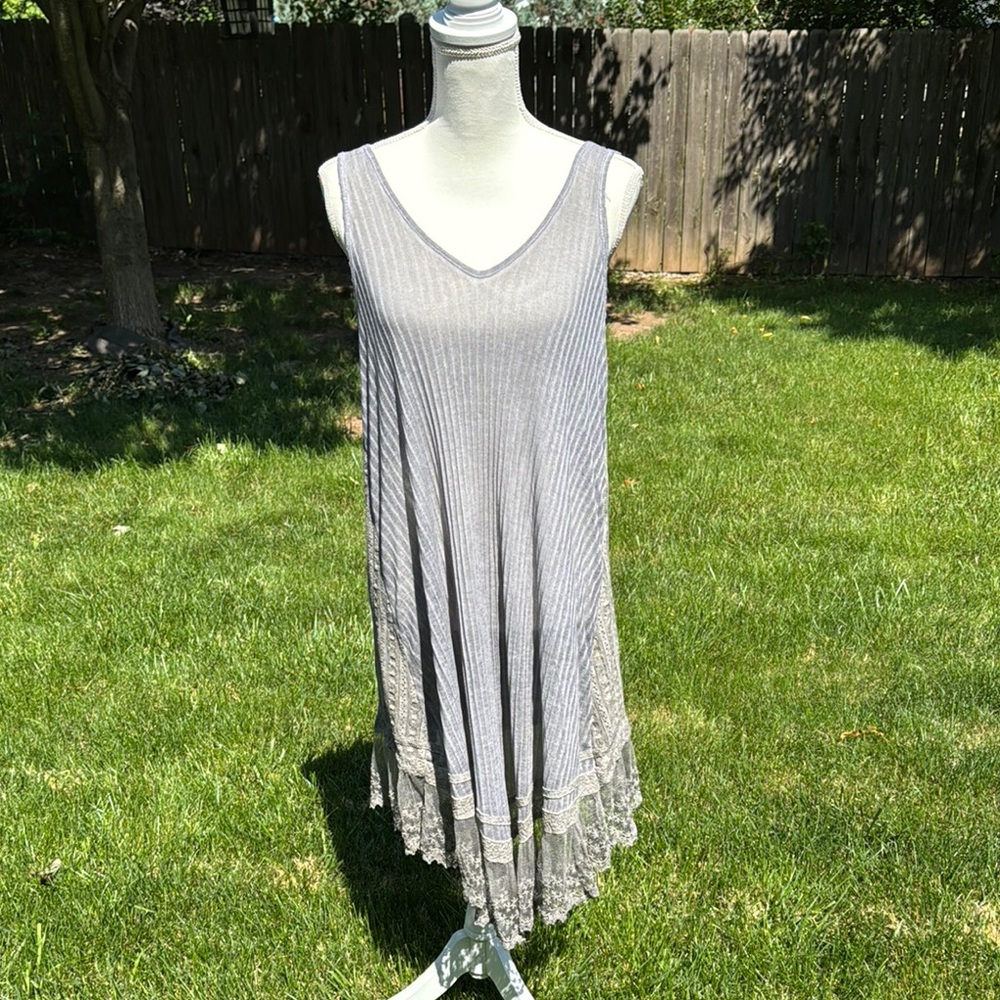 Pol grey sheer knit back lace trim sleeveless dress/coverup S